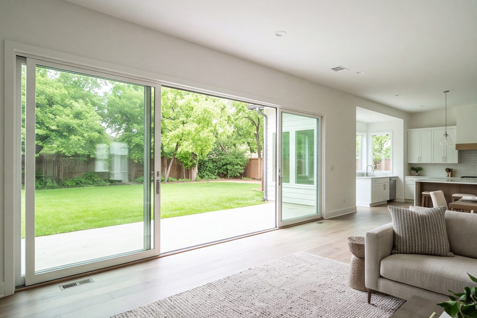 Plano family room with an expanded back wall and wide glass doors onto a yard