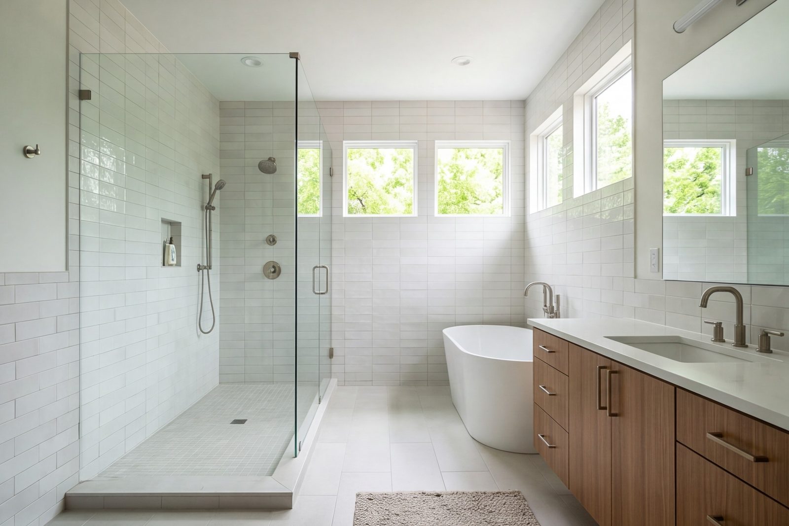 Rowlett hall bathroom with floor-to-ceiling tile, a tub and a single vanity