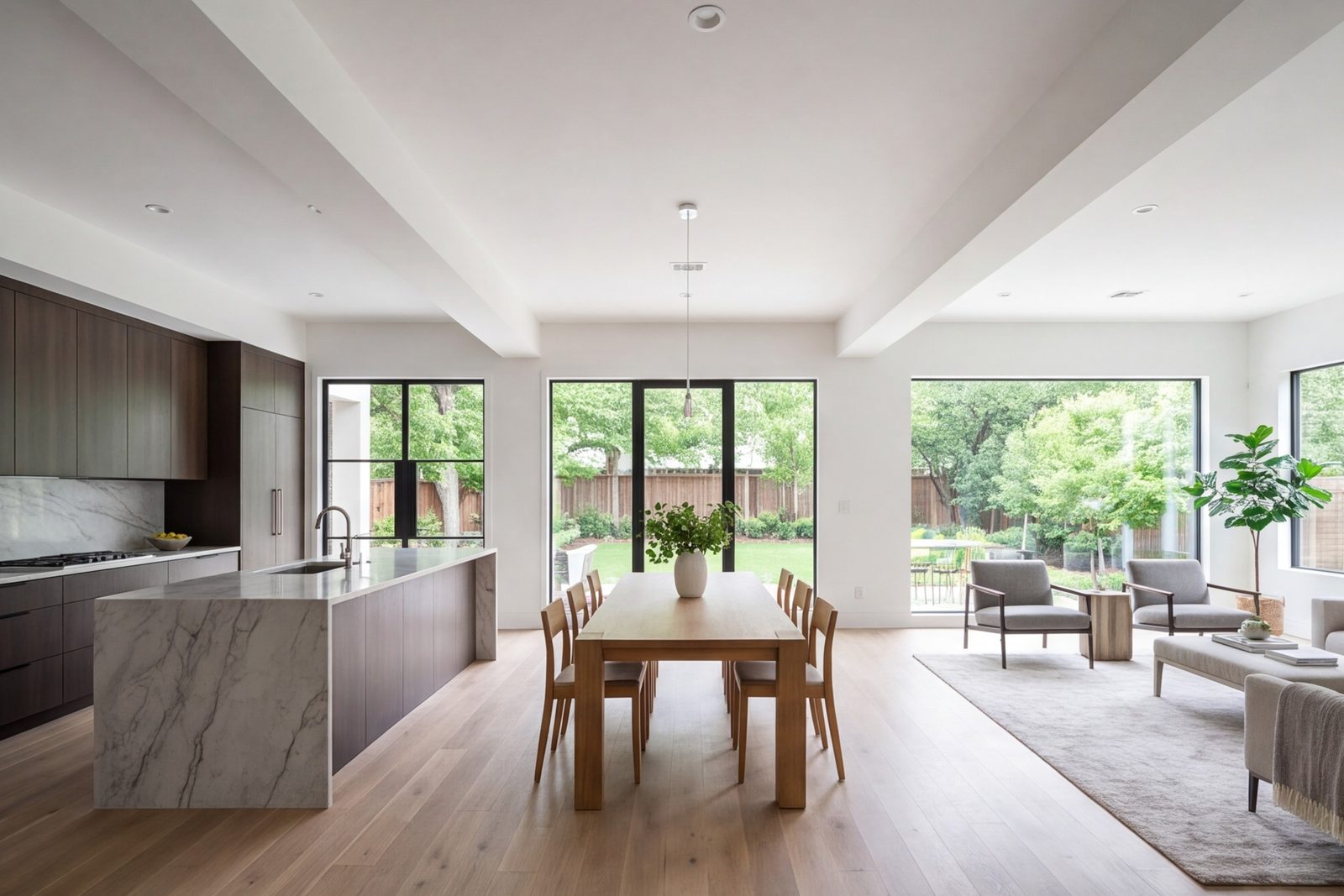 Open-plan living room, dining area and kitchen in a remodeled 1970s Dallas home with a wide ceiling beam